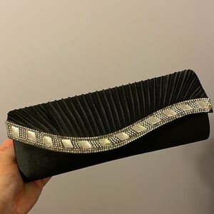 Jessica McClintock Lynn Black Satin With Rhinestone Clutch Purse